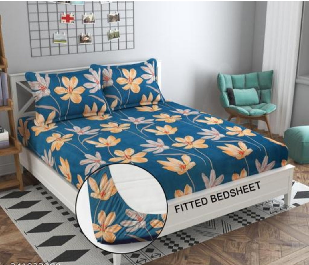 Super Soft Glace Cotton All Round Elastic Fitted Double Bed Bedsheet with 2 Pillow Covers-72x78x8