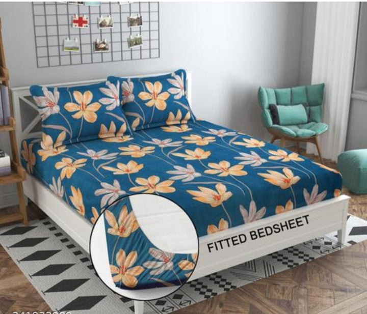 Super Soft Glace Cotton All Round Elastic Fitted Double Bed Bedsheet with 2 Pillow Covers-72x78x8