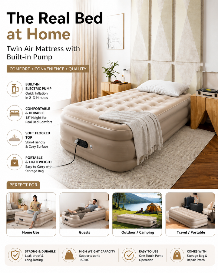 Single Inflatable Air Bed with Built-in Electric Pump