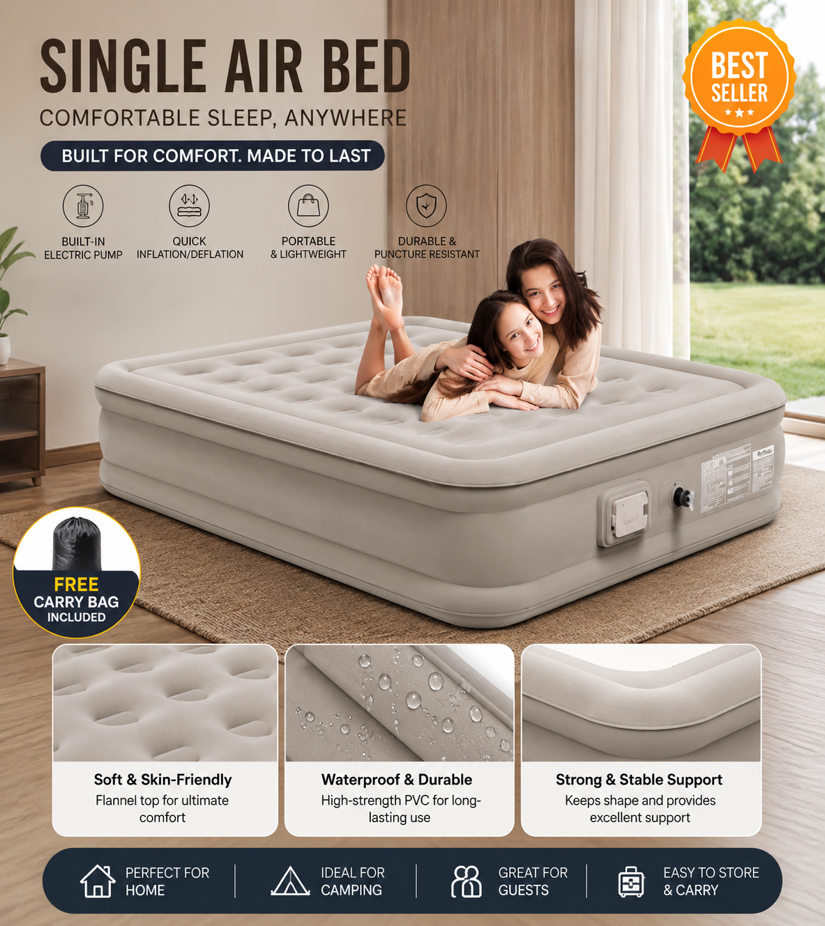 Single Inflatable Air Bed with Built-in Electric Pump
